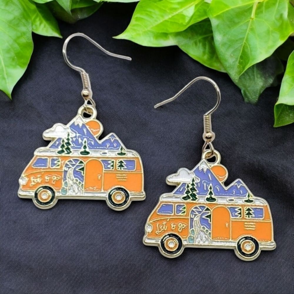 Let's Go Mini Van VW Bus Dangle Drop Mountain Adventure Landscape Enamel Jewelry